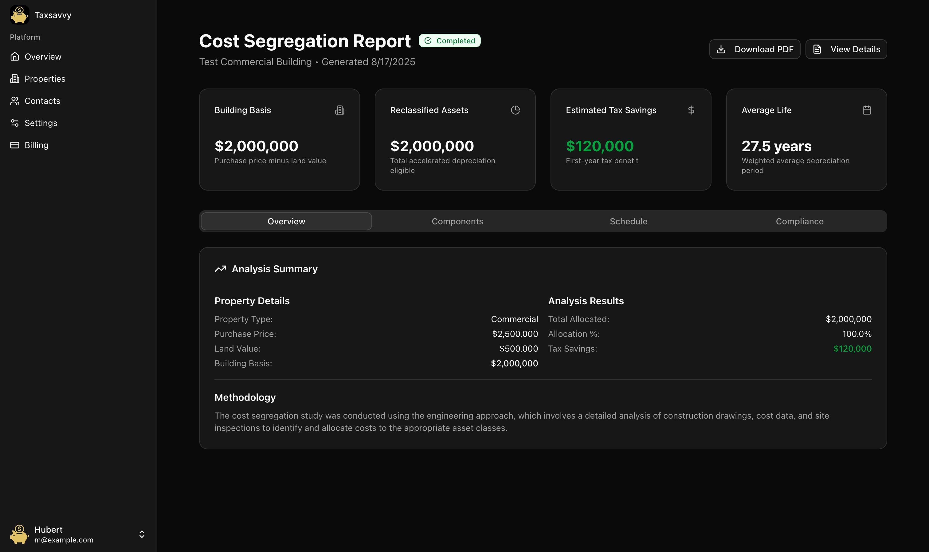 Seglio dashboard interface showing cost segregation analysis results in dark mode